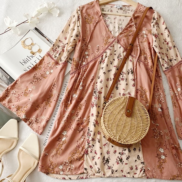 love, Fire Dresses & Skirts - Boho Patchwork V-Neckline Flowy Dress With Flared Sleeves